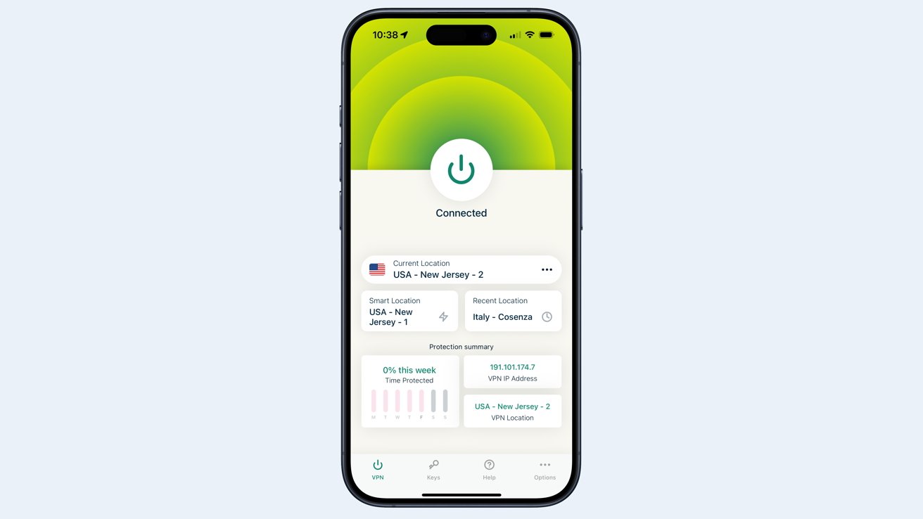 iPhone screen displaying ExpressVPN app connected to a New Jersey server, with recent location data, protection summary, and IP address details.