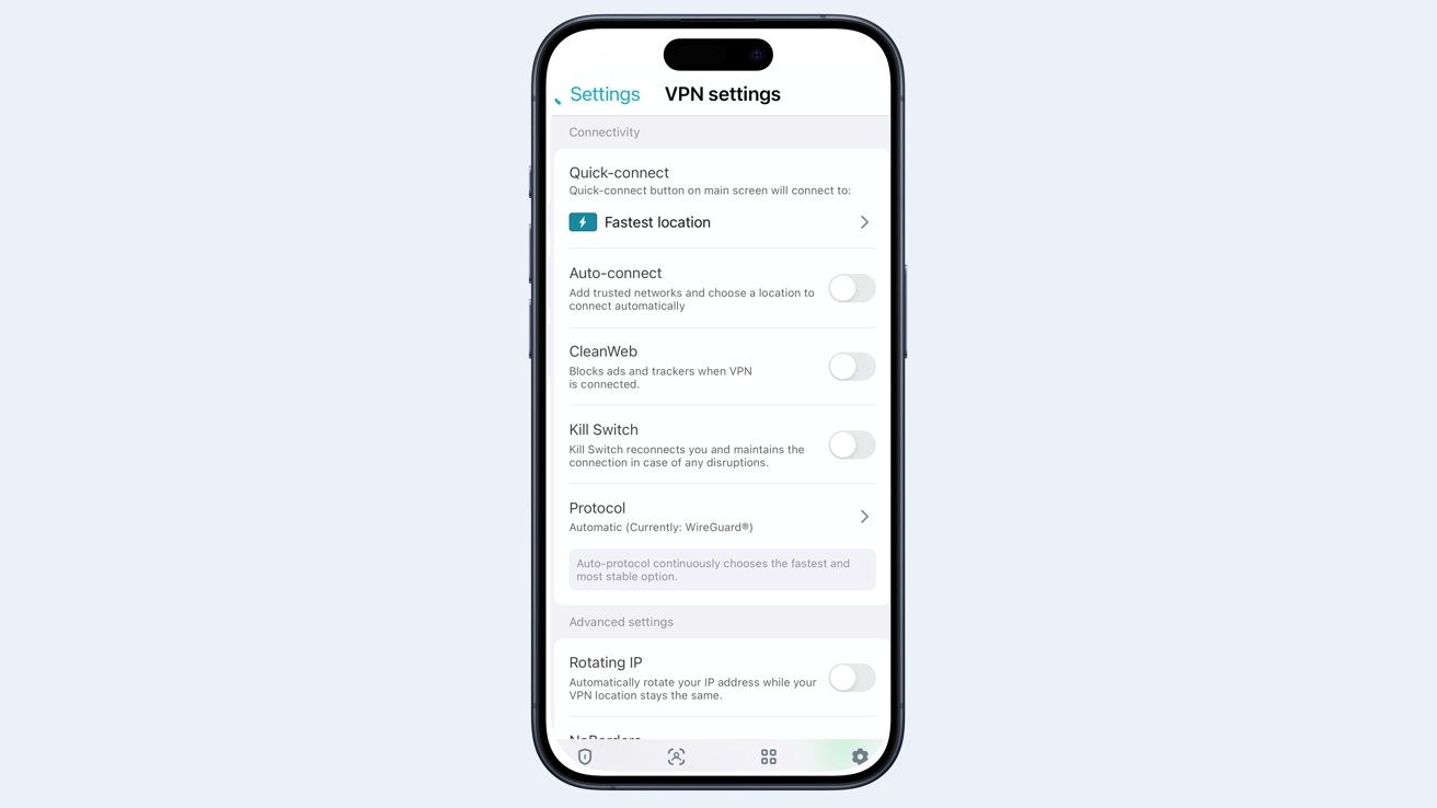 Smartphone displaying Surfshark VPN settings including options for quick-connect, auto-connect, CleanWeb, Kill Switch, protocol, and rotating IP.